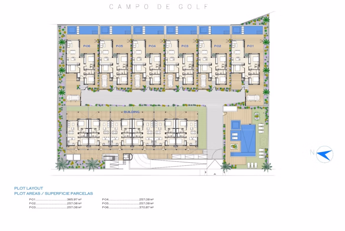 Detailed ground floor plan showing modern 2-bedroom apartment layout with private gardens in Serena Golf, Los Alcazares.