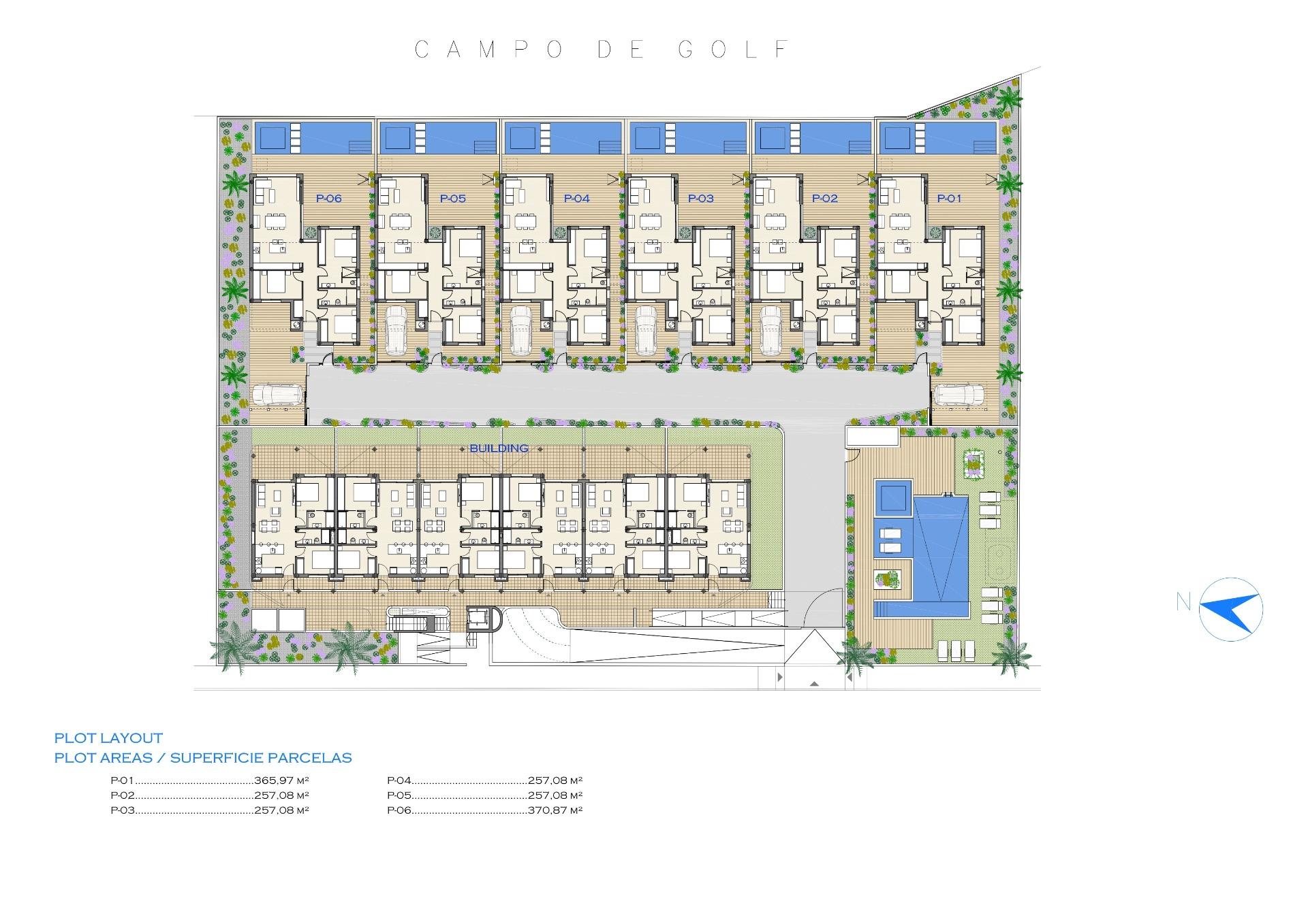 Detailed ground floor plan showing modern 2-bedroom apartment layout with private gardens in Serena Golf, Los Alcazares.