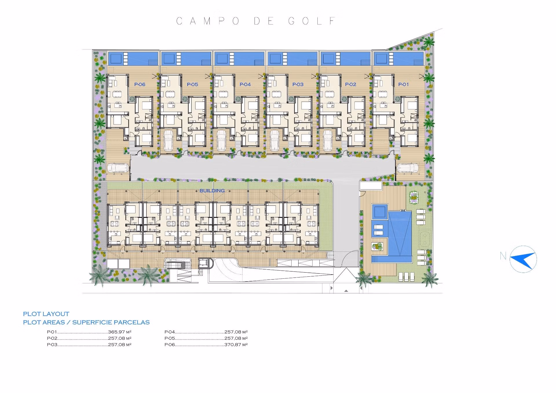 Detailed ground floor plan showing modern 2-bedroom apartment layout with private gardens in Serena Golf, Los Alcazares.