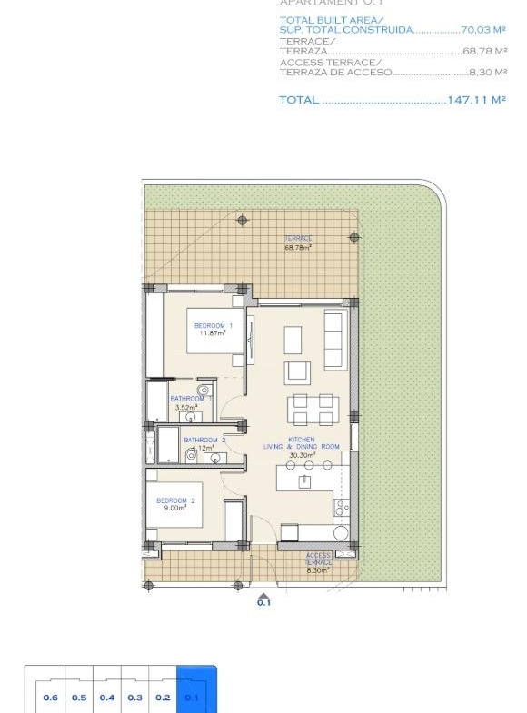 Spacious modern 2-bedroom ground floor apartment floor plan with open living area and private garden in Serena Golf, Los Alcazares