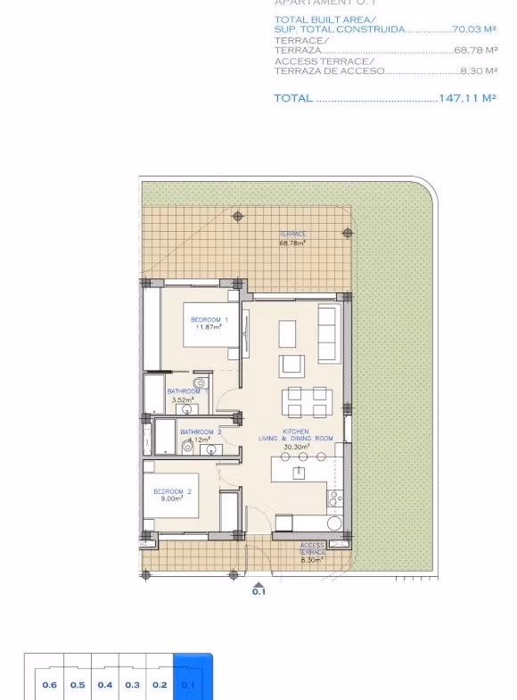 Spacious modern 2-bedroom ground floor apartment floor plan with open living area and private garden in Serena Golf, Los Alcazares