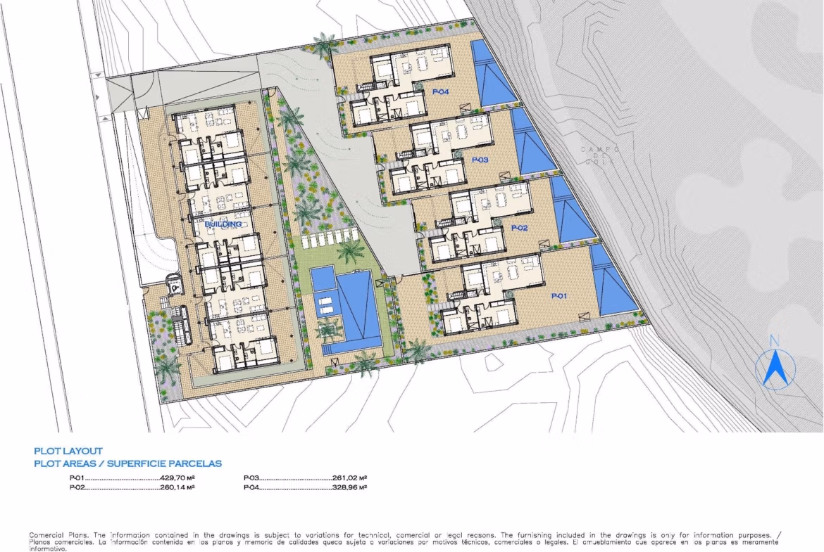 Detailed floor plan showcasing modern 2-bedroom first floor apartments with private terraces and communal pool in Serena Golf, Los Alcazares.
