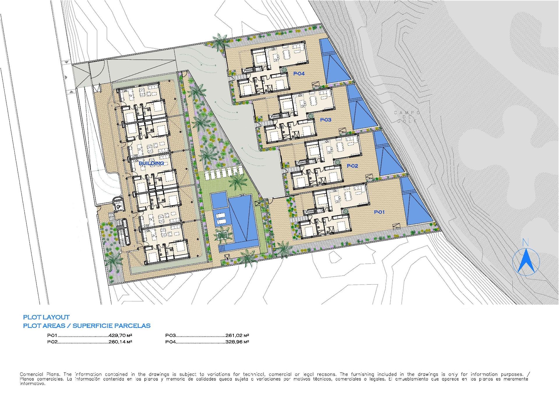 Detailed floor plan showcasing modern 2-bedroom first floor apartments with private terraces and communal pool in Serena Golf, Los Alcazares.