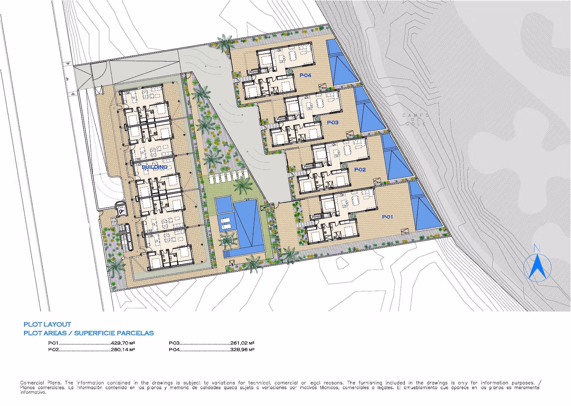 Detailed floor plan showcasing modern 2-bedroom first floor apartments with private terraces and communal pool in Serena Golf, Los Alcazares.
