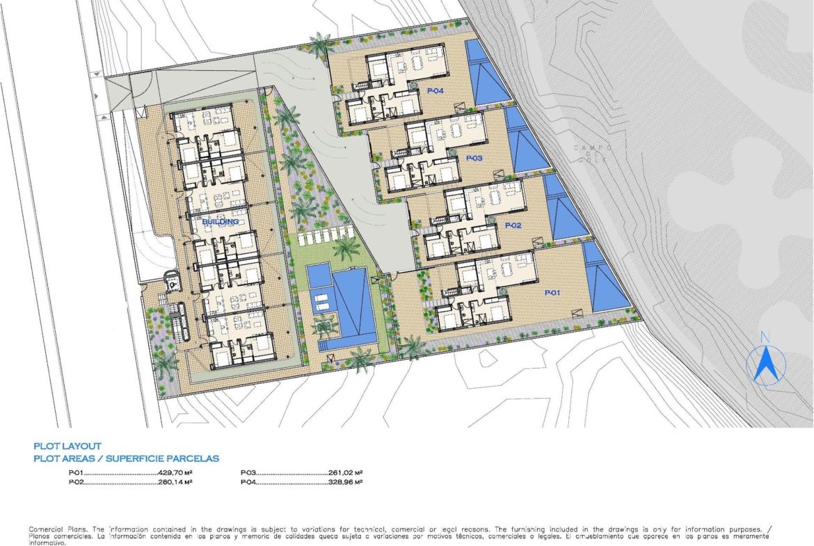 Modern ground floor 2-bedroom apartment layout with private garden and pool in Serena Golf, Los Alcazares, showcasing spacious open-plan design.