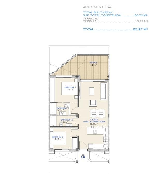 Bright, spacious 2-bedroom first floor apartment floor plan with large terrace in Serena Golf, Los Alcazares.