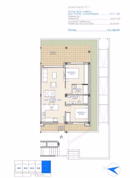 Spacious modern 2-bedroom ground floor apartment floor plan with open living areas and private garden in Serena Golf, Los Alcazares
