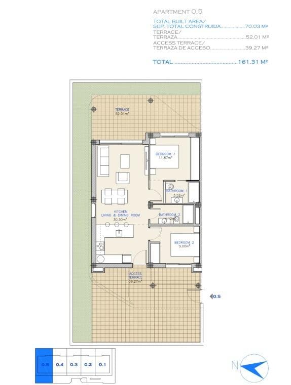 Spacious modern 2-bedroom ground floor apartment floor plan with large terraces and garden in Serena Golf, Los Alcazares.