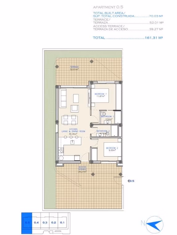 Spacious modern 2-bedroom ground floor apartment floor plan with large terraces and garden in Serena Golf, Los Alcazares.