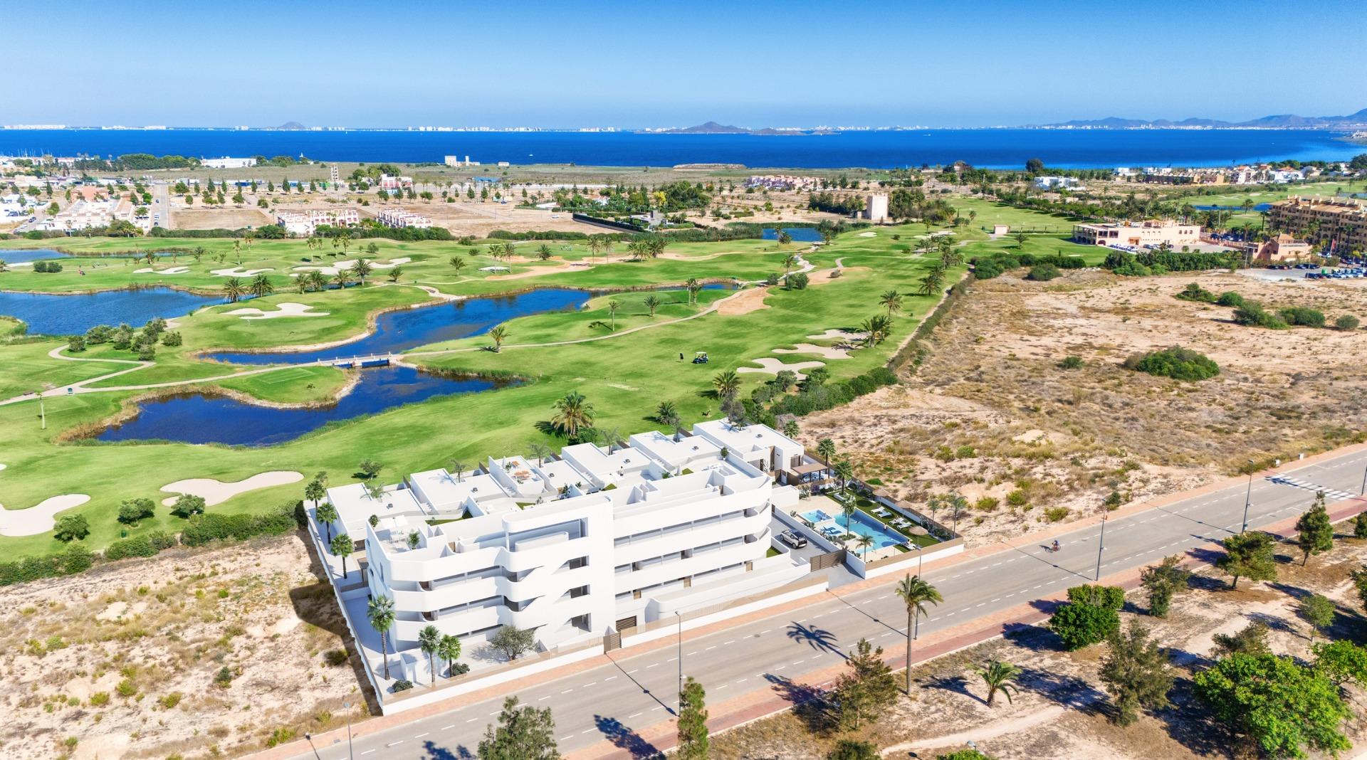 Stunning modern new build 2-bedroom ground floor apartment with garden, overlooking lush Serena Golf in Los Alcazares.