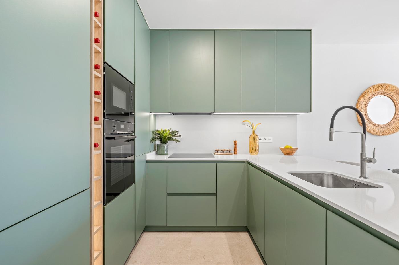 Modern sunlit kitchen with sleek cabinetry in bright new build 2-bedroom first floor apartment, Serena Golf, Los Alcazares
