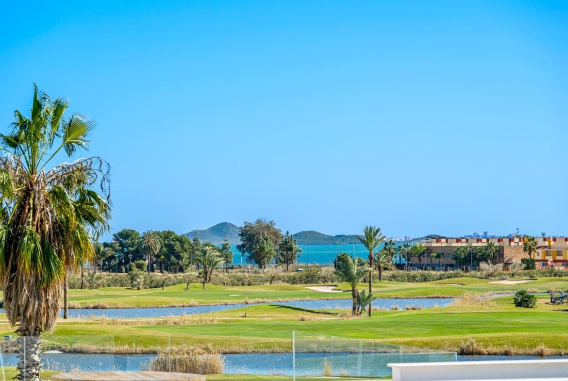 Panoramic garden and golf course view from modern new build 2-bedroom ground floor apartment in Serena Golf, Los Alcazares
