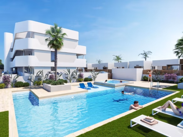 Modern new build 2-bedroom ground floor apartment med lochscaped garden och sun-drenched communal pool in Serena Golf, Los Alcazares.