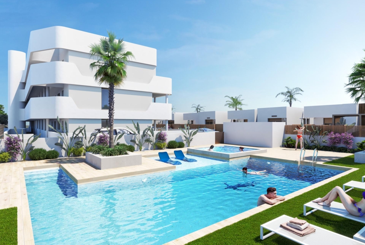 Modern bright first floor 2 bedroom apartment with sun-drenched pool and landscaped grounds in Serena Golf, Los Alcazares.