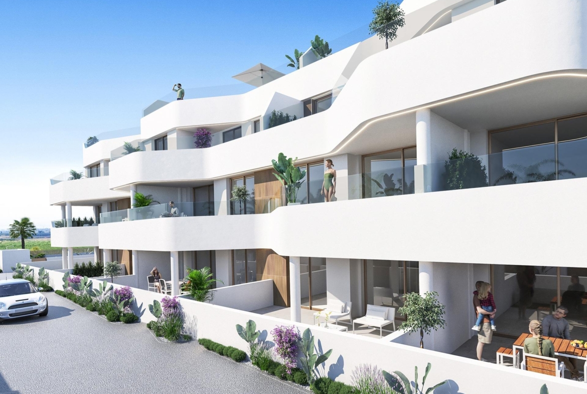 Elegant modern new build 2-bedroom ground floor apartment with spacious terrace and garden in Serena Golf, Los Alcazares.