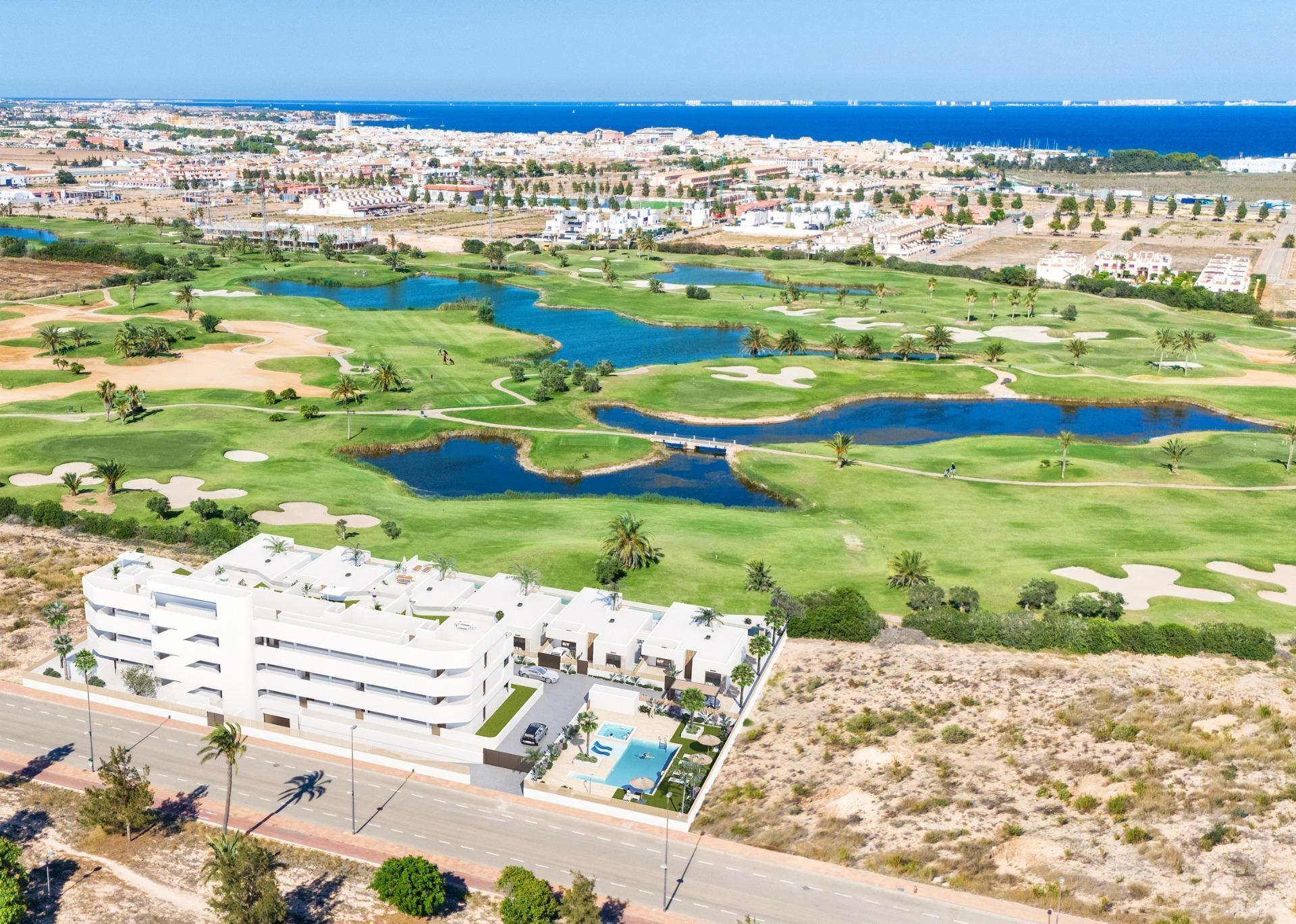 Modern new build 2-bedroom ground floor apartment with private garden, pool, and stunning golf course views in Serena Golf, Los Alcazares.