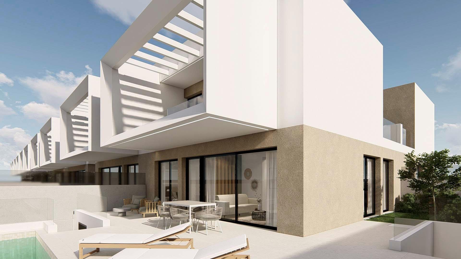 Modern spacious new build 3-bedroom semi-detached villa with private pool and sunlit terrace in Dolores, Alicante.