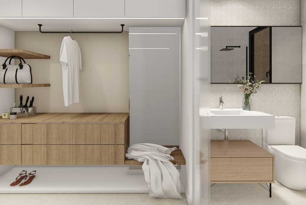 Modern bright bathroom with sleek wood accents in spacious 3-bedroom semi-detached villa in Dolores, Alicante.