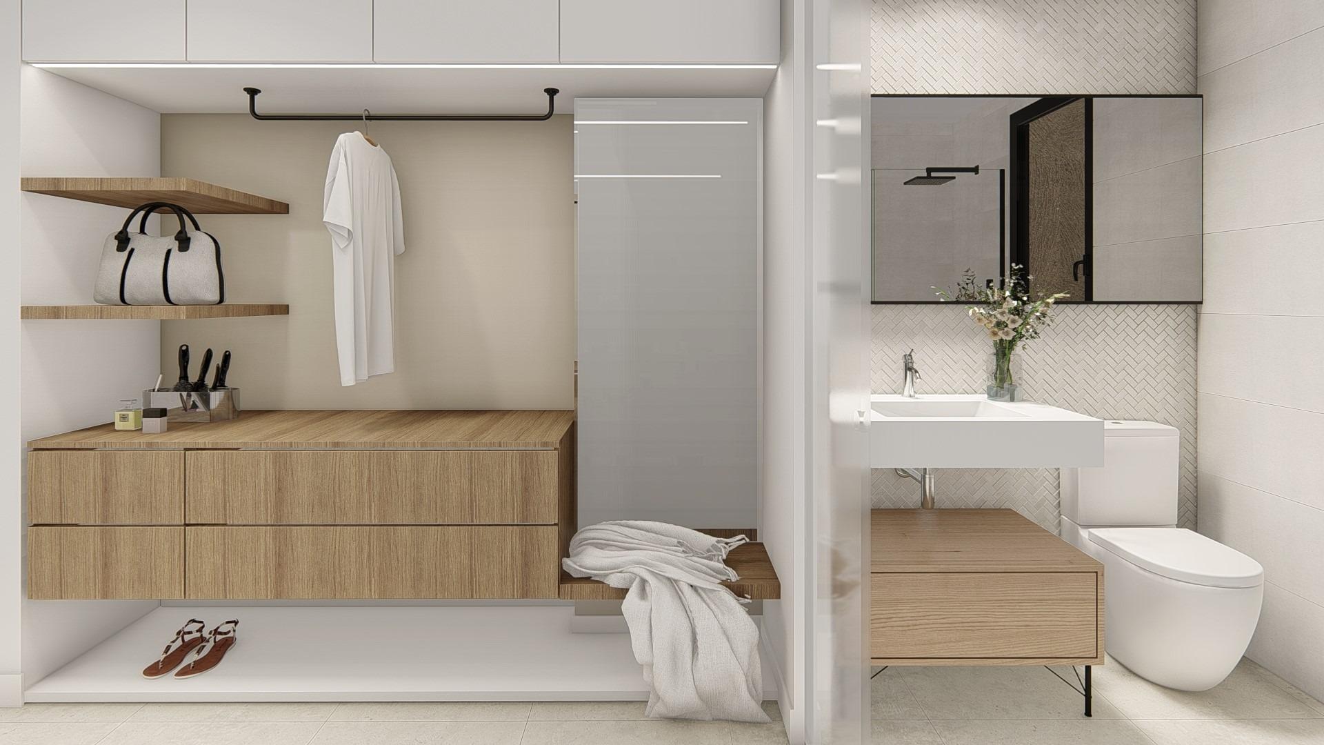 Modern bright bathroom with sleek wood accents in spacious 3-bedroom semi-detached villa in Dolores, Alicante.
