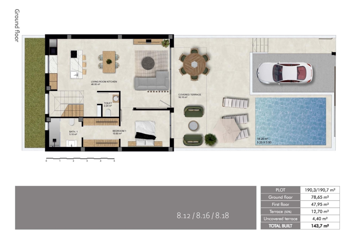 Bright and spacious floor plan of a modern 3-bedroom semi-detached villa with private pool and terrace in Dolores, Alicante