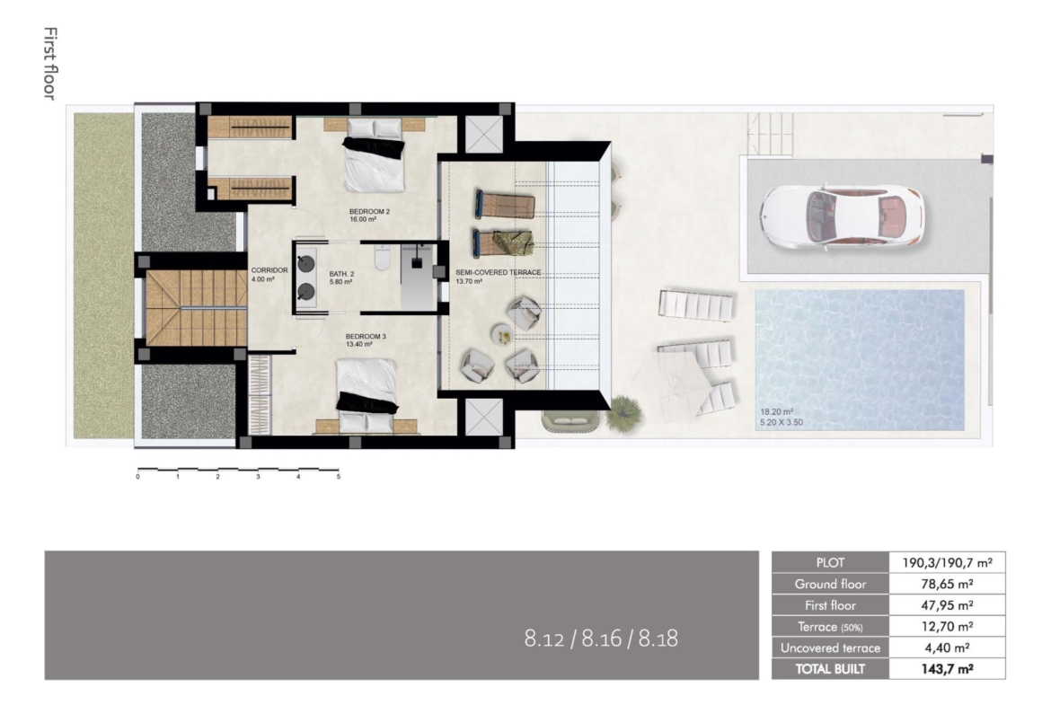 Modern first-floor layout of spacious 3-bedroom semi-detached villa in Dolores, Alicante, featuring a private pool and sun-drenched terrace.