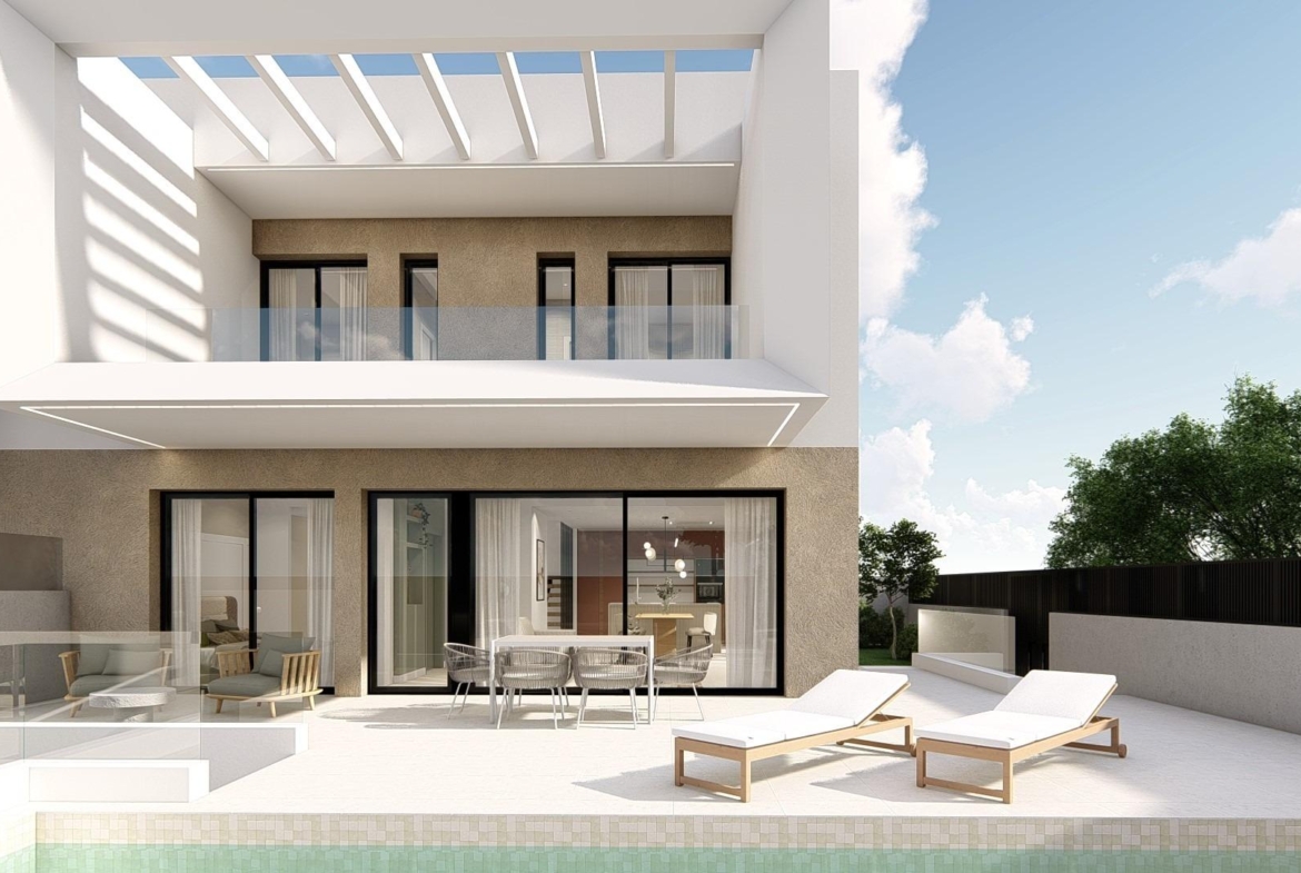 Sun-drenched spacious terrace of a modern 3-bedroom semi-detached villa in Dolores, Alicante with sleek outdoor seating.