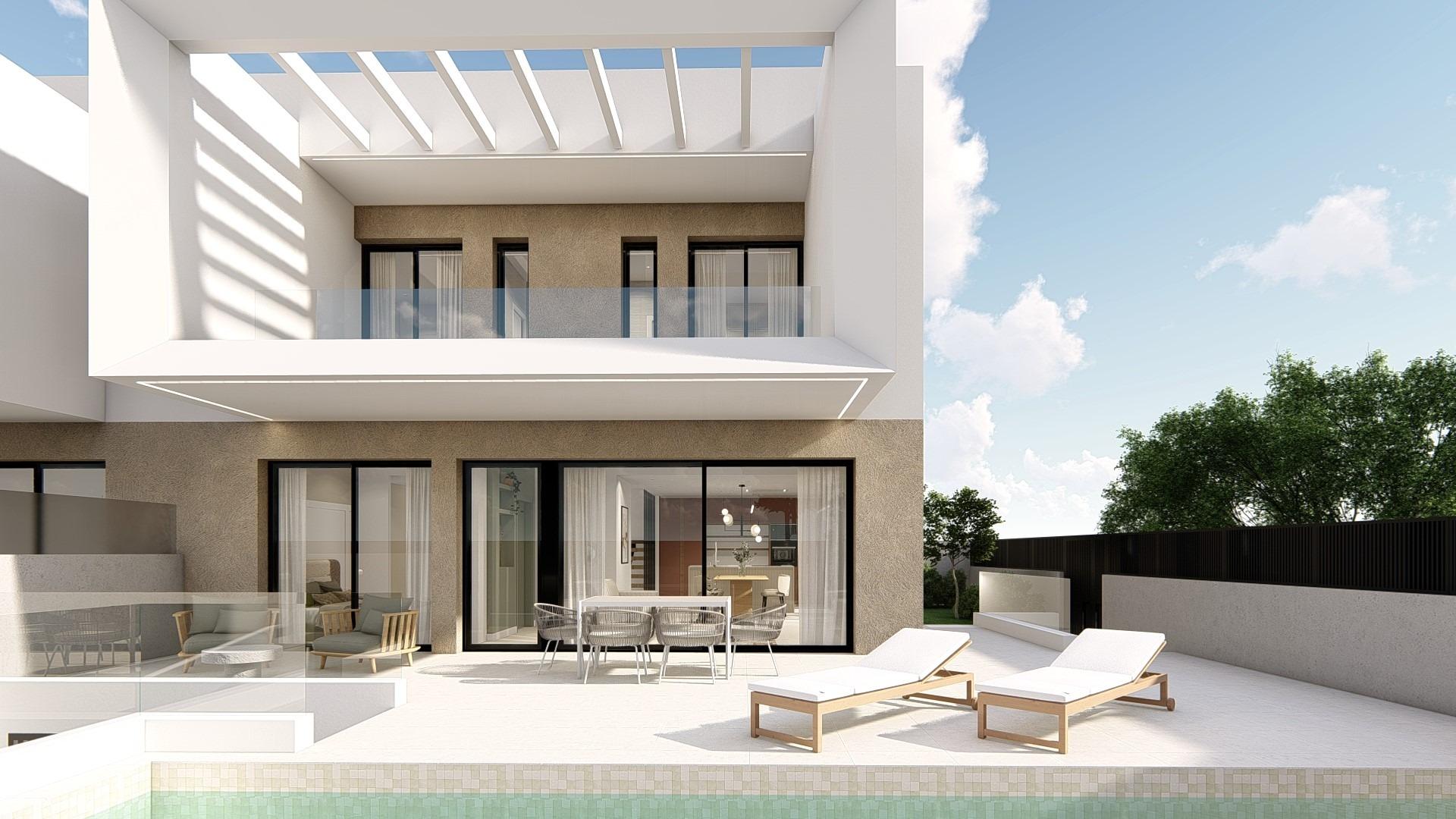 Sun-drenched spacious terrace of a modern 3-bedroom semi-detached villa in Dolores, Alicante with sleek outdoor seating.