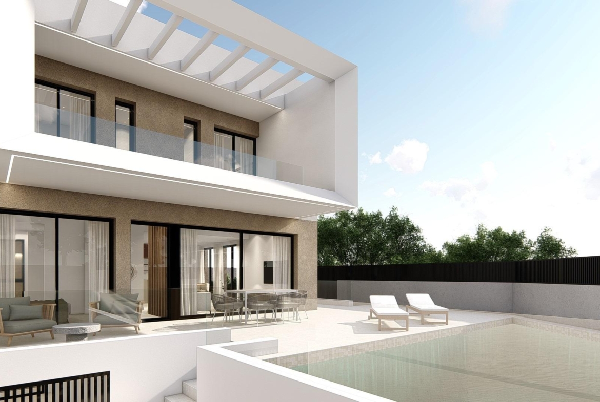 Modern spacious 3-bedroom semi-detached villa in Dolores, Alicante with sleek glass balconies and a bright private pool terrace.