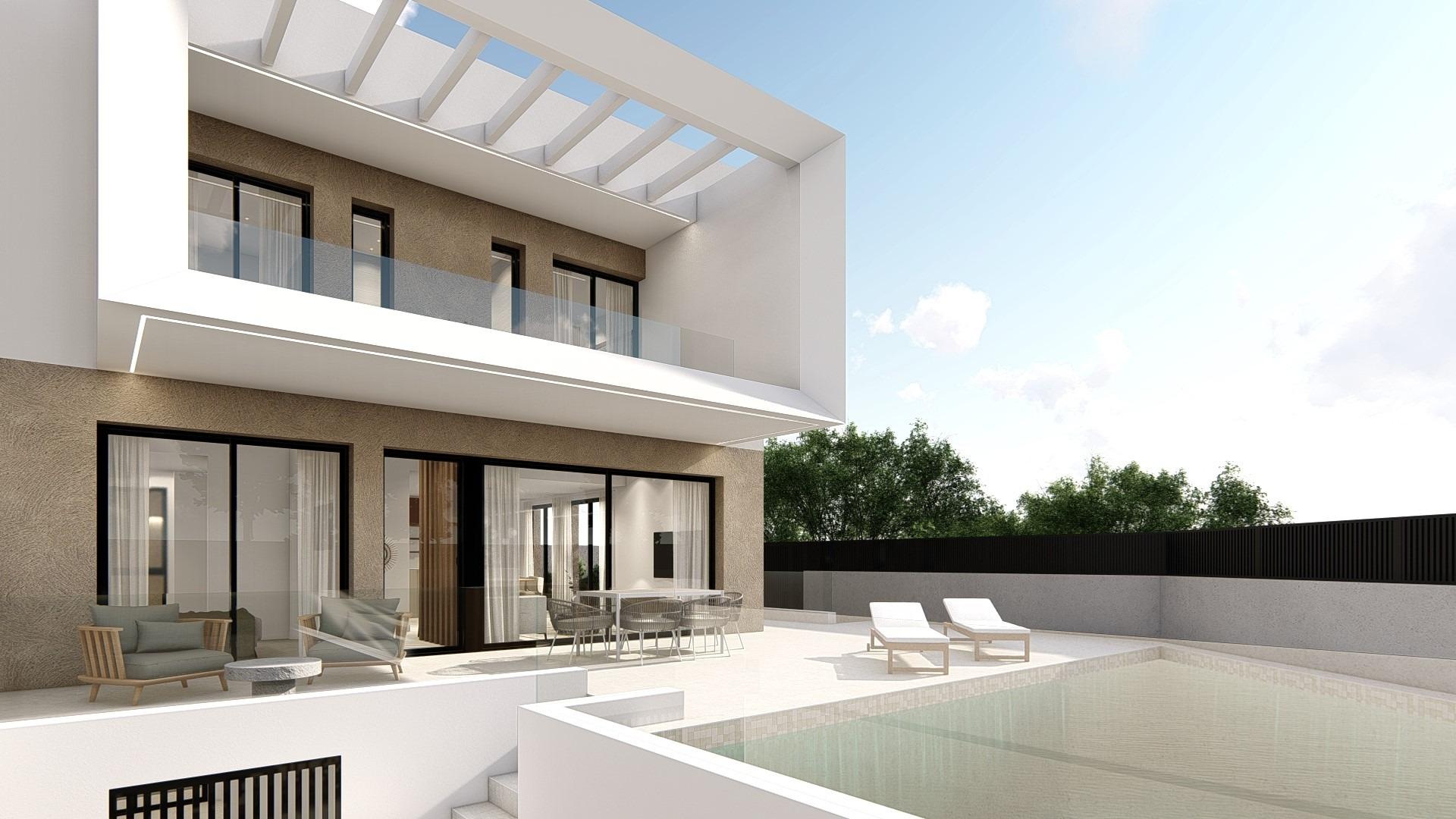 Modern spacious 3-bedroom semi-detached villa in Dolores, Alicante with sleek glass balconies and a bright private pool terrace.