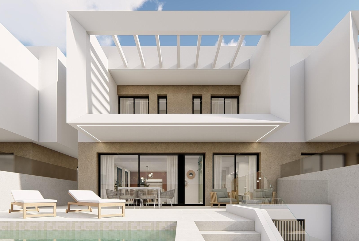 Modern spacious new build 3-bedroom semi-detached villa exterior in Dolores, Alicante, featuring sunlit terrace and sleek architectural design.