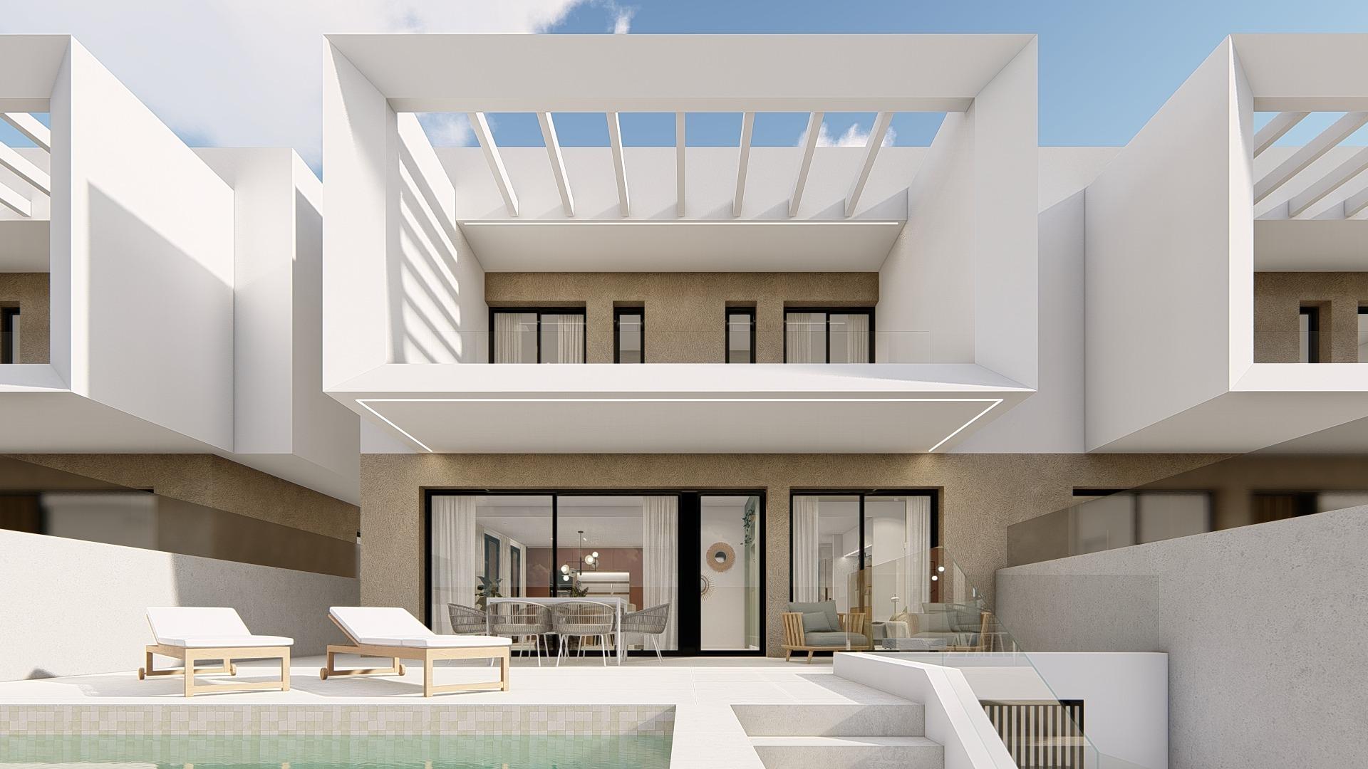 Modern spacious new build 3-bedroom semi-detached villa exterior in Dolores, Alicante, featuring sunlit terrace and sleek architectural design.