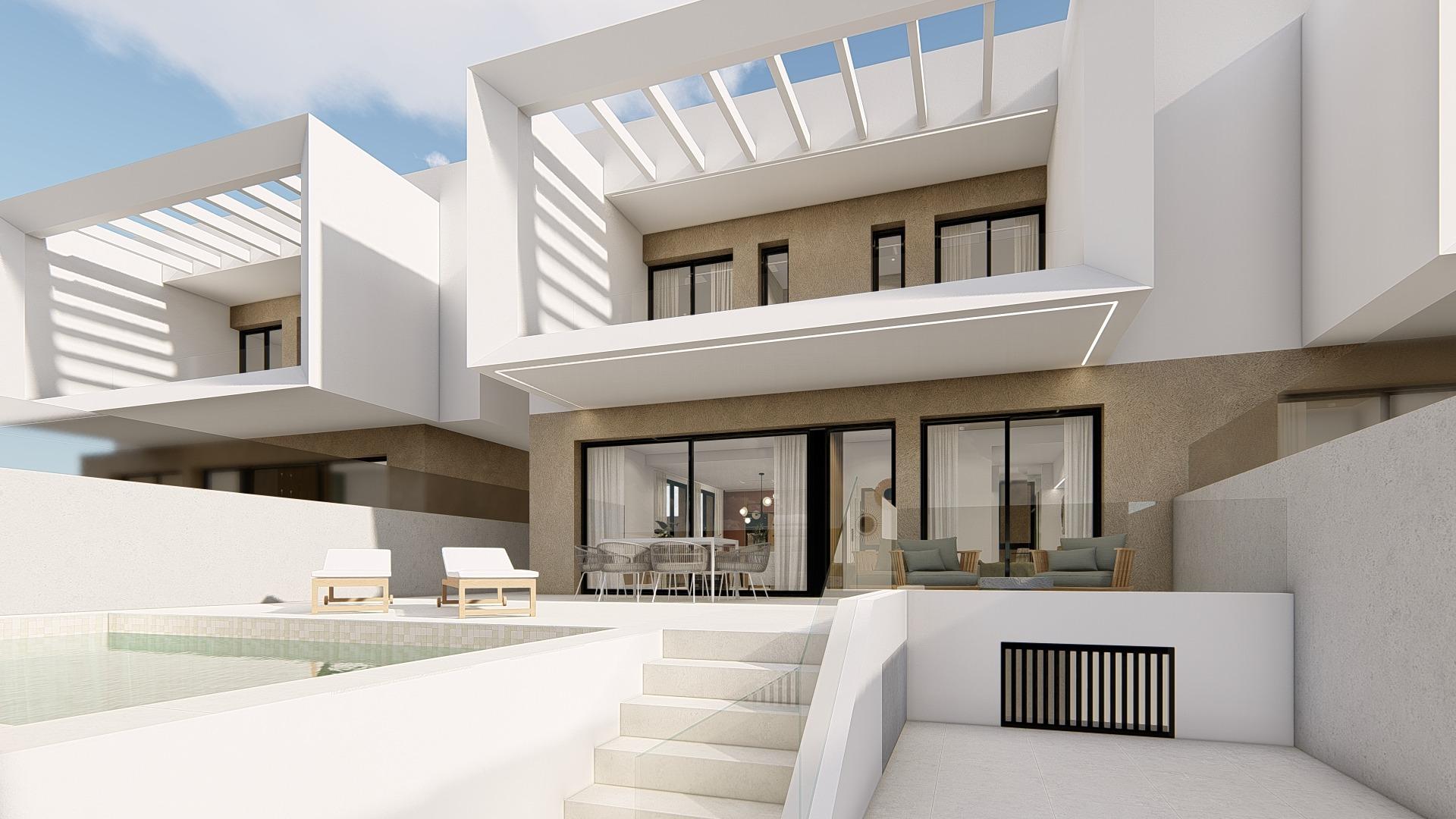 Modern spacious 3-bedroom semi-detached villa in Dolores, Alicante featuring a sunlit private pool and elegant outdoor terrace.