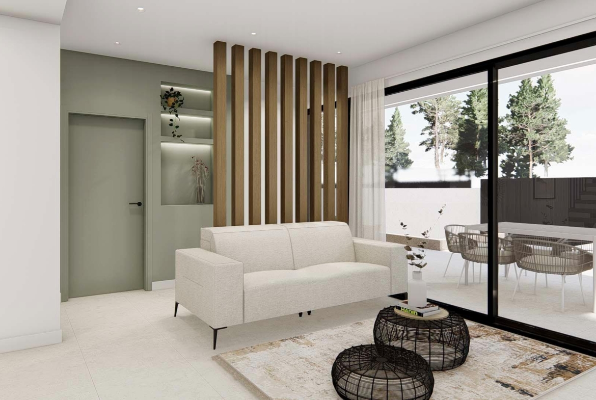 Bright modern living room with elegant sofa and airy terrace in spacious 3-bedroom semi-detached villa in Dolores, Alicante