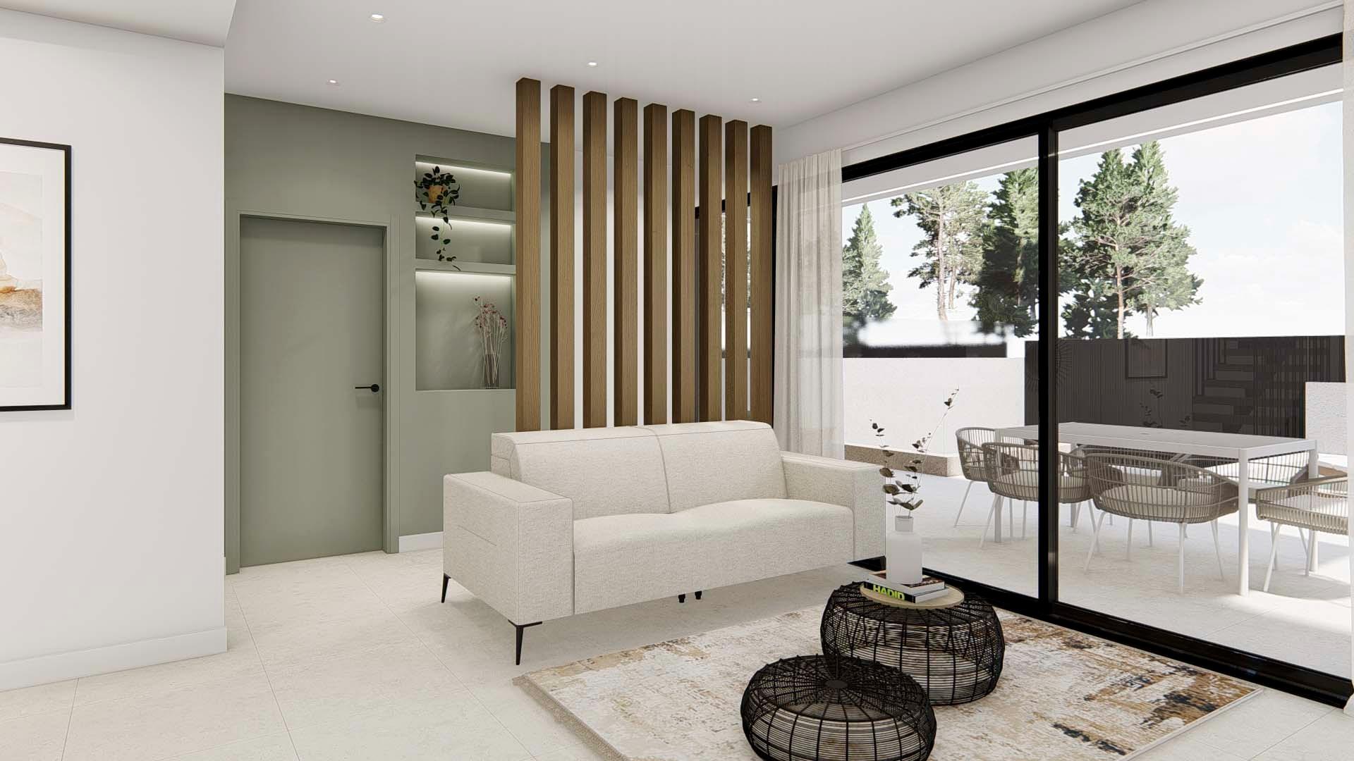 Bright modern living room with elegant sofa and airy terrace in spacious 3-bedroom semi-detached villa in Dolores, Alicante