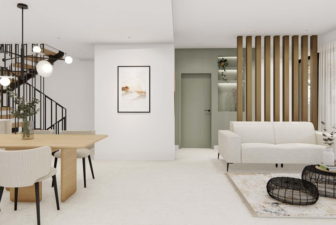 Bright open-plan living and dining area with modern decor in spacious 3-bedroom villa in Dolores, Alicante.