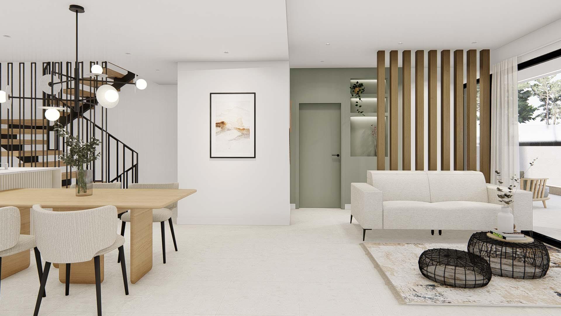 Bright open-plan living and dining area with modern decor in spacious 3-bedroom villa in Dolores, Alicante.
