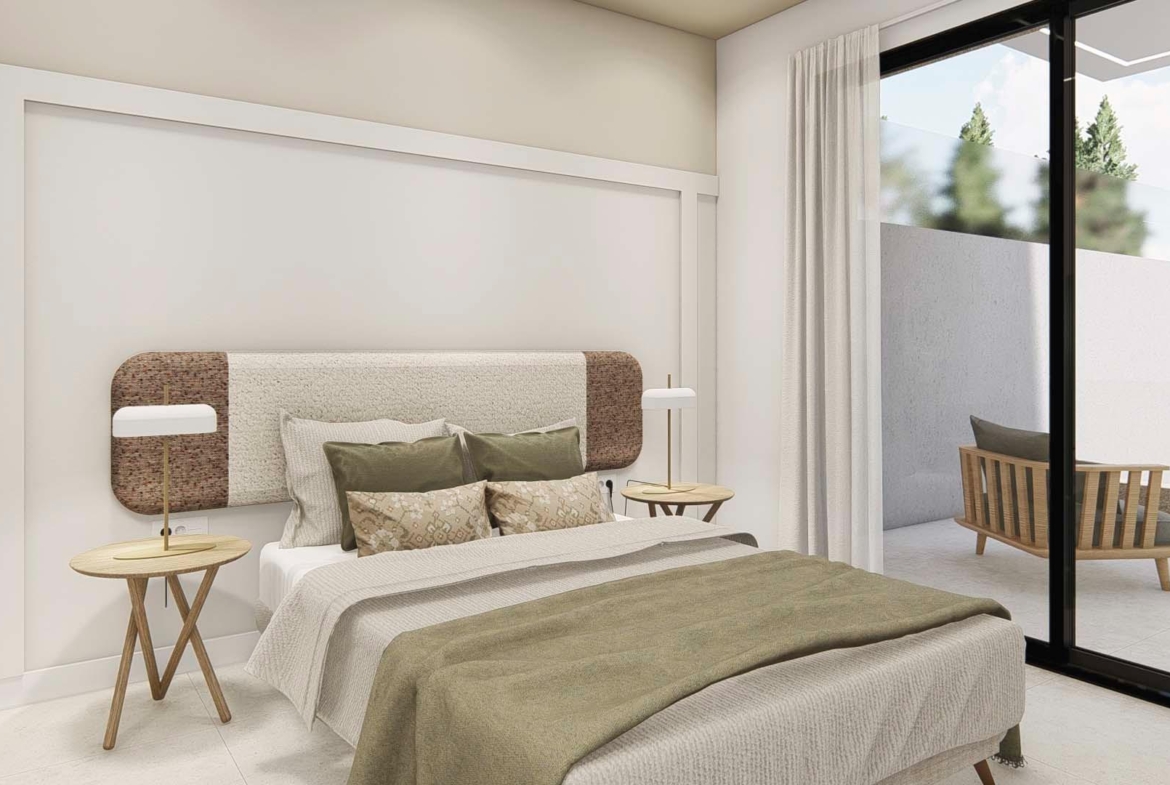 Bright and elegant bedroom with direct terrace access in a spacious 3-bedroom semi-detached villa in Dolores, Alicante.