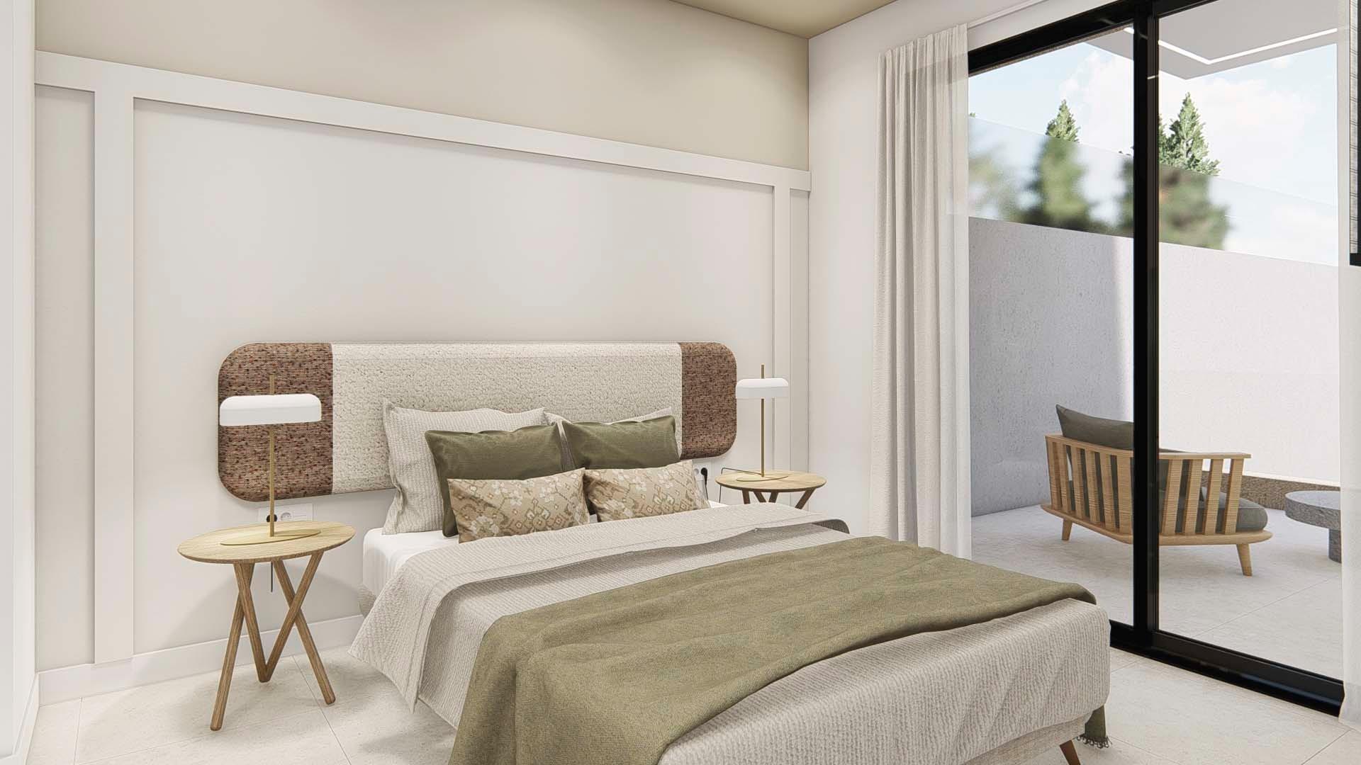 Bright and elegant bedroom with direct terrace access in a spacious 3-bedroom semi-detached villa in Dolores, Alicante.