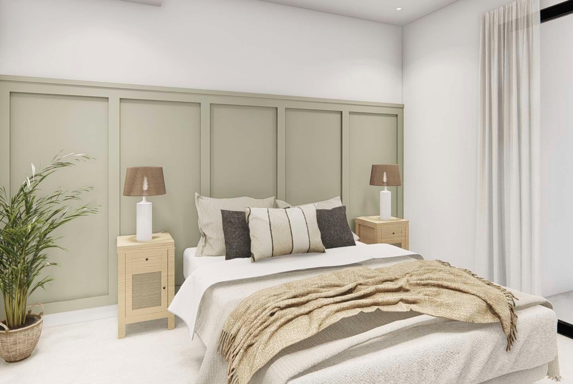 Bright and elegant master bedroom with modern décor in spacious 3-bedroom semi-detached villa in Dolores, Alicante