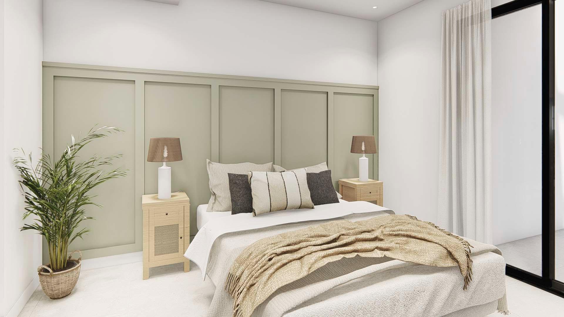 Bright and elegant master bedroom with modern décor in spacious 3-bedroom semi-detached villa in Dolores, Alicante