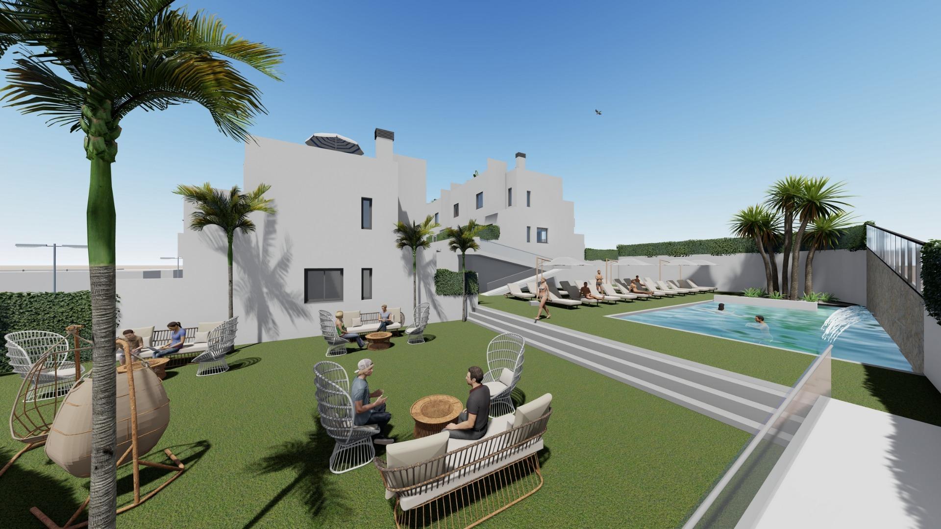 Modern spacious 3-bedroom townhouse in Cox Alicante with sun-drenched solarium, lush garden, and inviting communal pool area.
