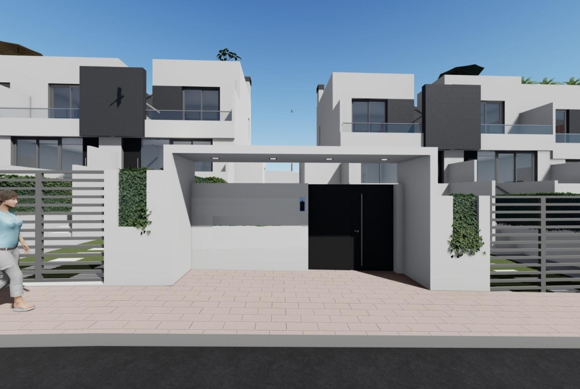 Modern spacious 3-bedroom townhouse exterior with sleek design and gated entrance in Cox, Alicante new build community.