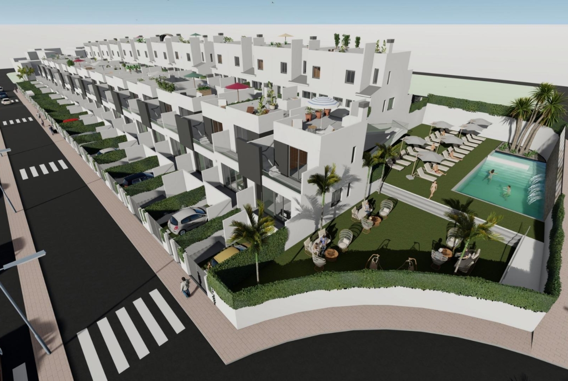 Modern spacious 3-bedroom townhouse with sunlit solarium and landscaped communal pool in Cox, Alicante.
