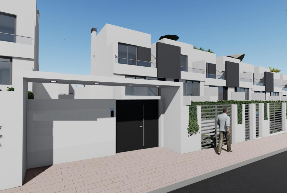 Modern white 2 bedroom townhouse with sleek design and private gated entrance in Cox, Alicante new build community.