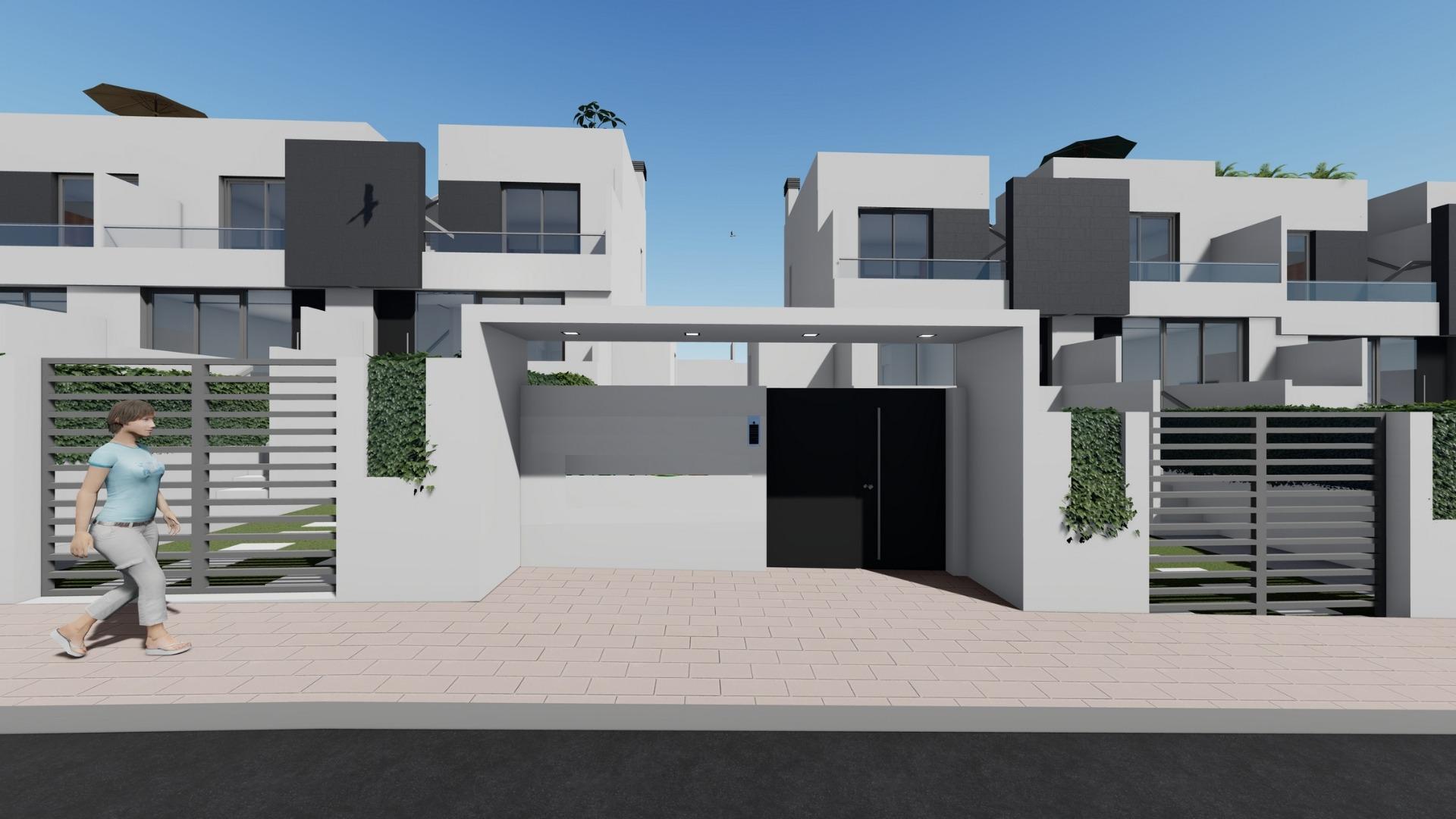 Modern, sleek affordable 2-bedroom townhouse exterior with private solarium and communal pool access in sunny Cox, Alicante.