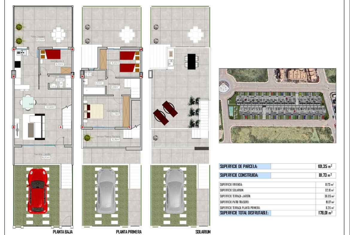 Modern spacious three-level 3-bedroom townhouse floor plan with solarium, parking, and communal pool in Cox, Alicante.