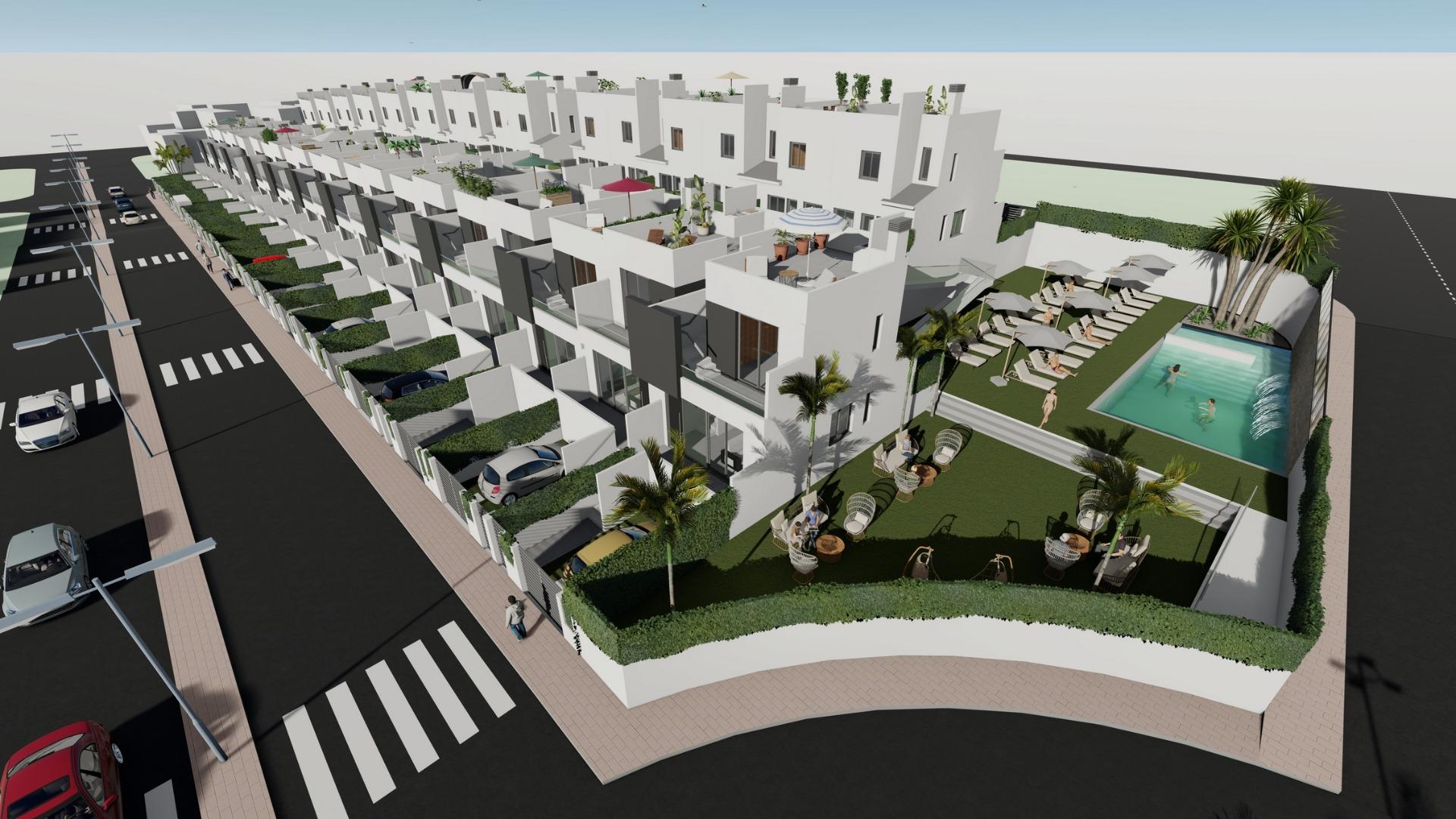 Modern white 2-bedroom townhouse with sunlit solarium and lush communal pool area in Cox, Alicante new build development.