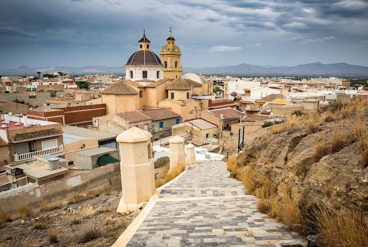 Panoramic view of quaint Cox village with historic church, surrounding rooftops, and dry Mediterranean landscape near Alicante townhouse.