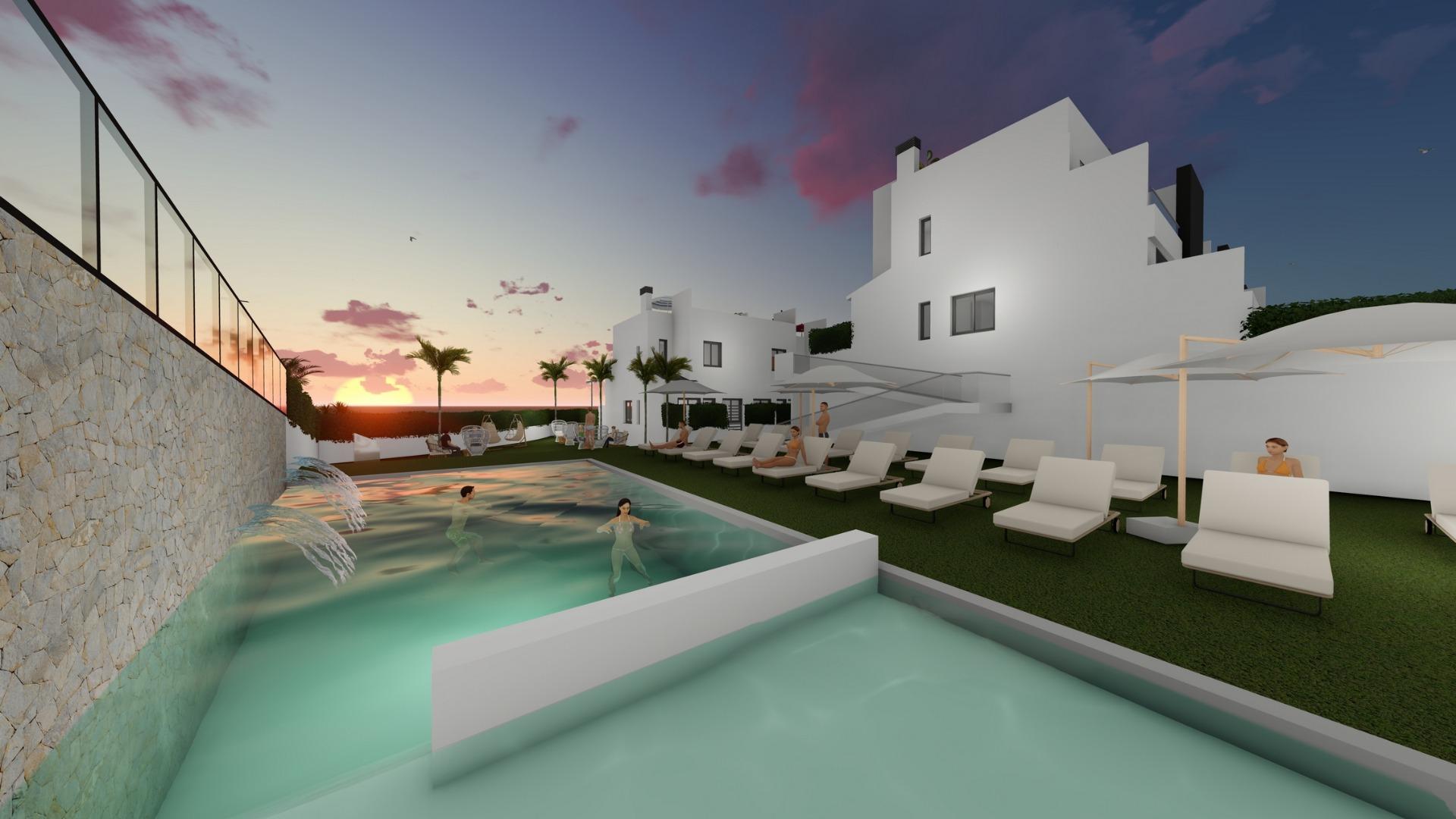 Sun-drenched communal pool with modern loungers and cascading water features at affordable 2-bedroom townhouse in Cox, Alicante.