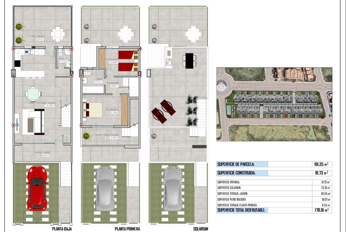 Spacious, modern 2-bedroom townhouse floor plan with sun-drenched solarium and communal pool in Cox, Alicante.